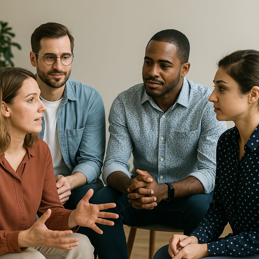 Vier collega's zitten samen in gesprek. De gezichten kijken serieus. Een persoon voert het gesprek en de rest luistert