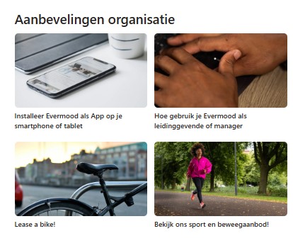 Overzicht van de aanbevelingen van jouw organisatie waaronder lease a bike en hoe je evermood gebruikt.