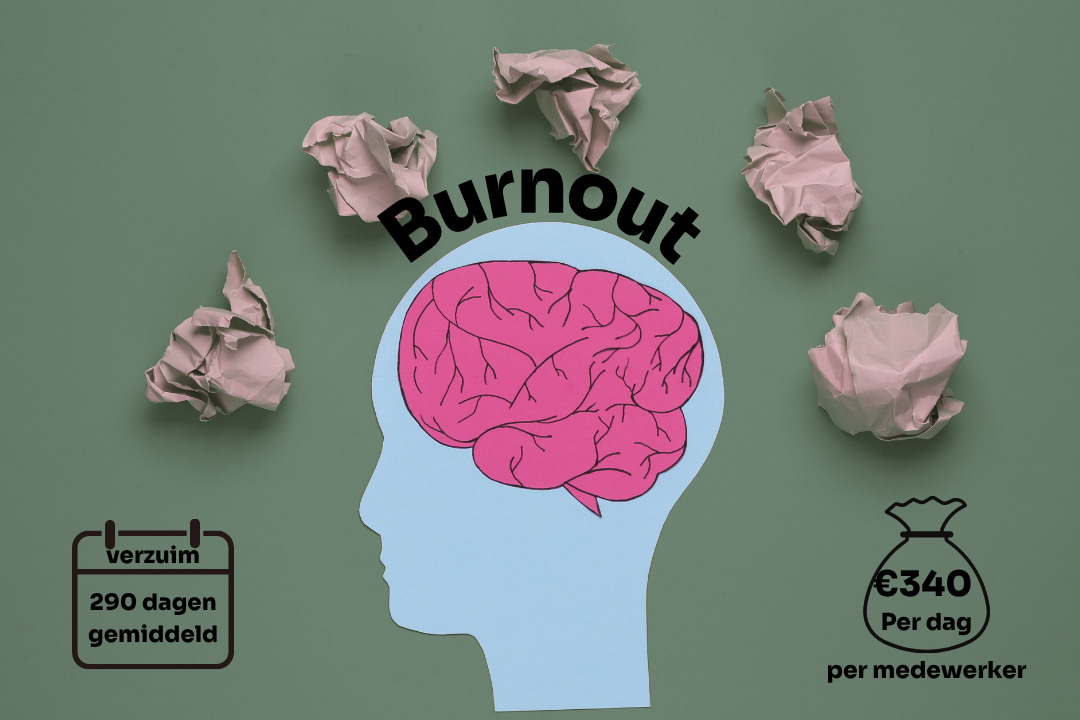 Afbeelding met hoofd waar rondom propjes liggen door de verwardheid van de burnout. Gemiddeld verzuim is 290 dagen en de kosten 340 euro per medewerker per dag.